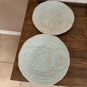 Blue Sky Ceramic “Magic Sea” Hand Painted Turtle and Fish  Plates- 10”  2 set